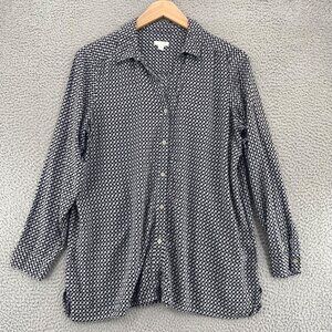 J Jill Top Womens Large Gray Patterned Button Up Long Sleeves Collared V Neck